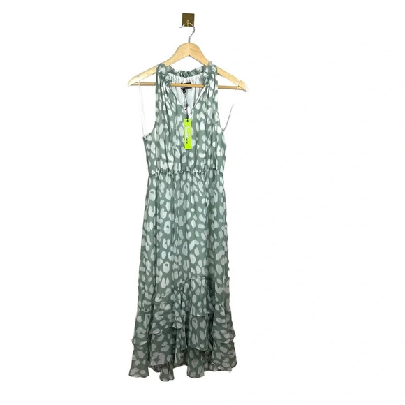 NWT Sam Edelman Sleeveless Ruffle Patterned Midi Dress in Green/White Size 8 - Picture 3 of 14